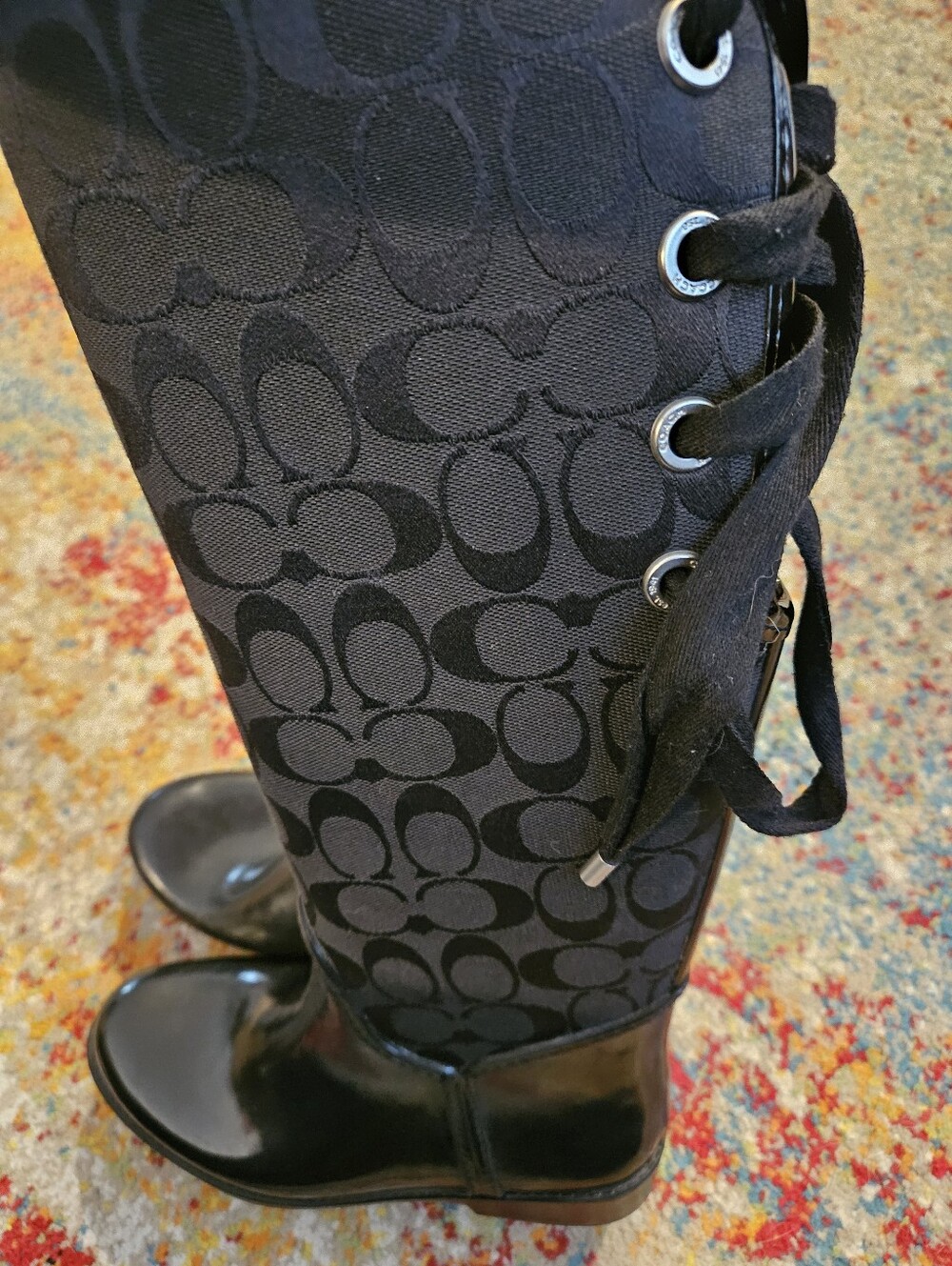 Coach Tristee Tall Lace Up Rain Boots Size 6B Waterproof Jacquard Logo - Picture 3 of 7